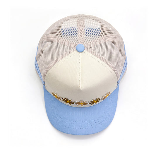 3 Daisy Blue 2 Stripe Trucker top down overhead view
