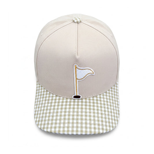 Golf Flag Trucker Neutral Gingham top down overhead view