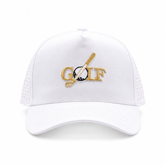 Golf Club Trucker White Gold, front view