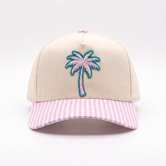 Palm Tree Trucker Pink Gingham, front view