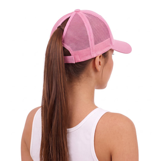 Pickleball Ponytail Trucker Pink Daisy Paddle, worn with ponytail, rear three-quarter view