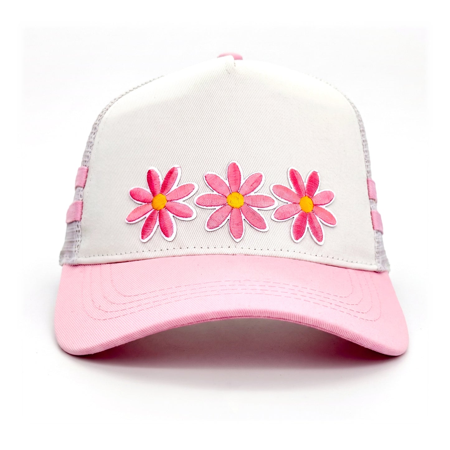 3 Daisy Pink 2 Stripe Trucker front view