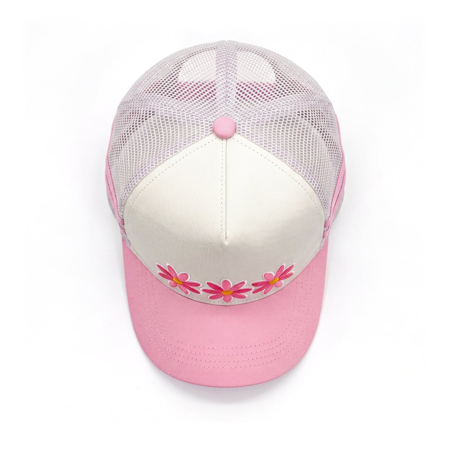 3 Daisy Pink 2 Stripe Trucker top down overhead view