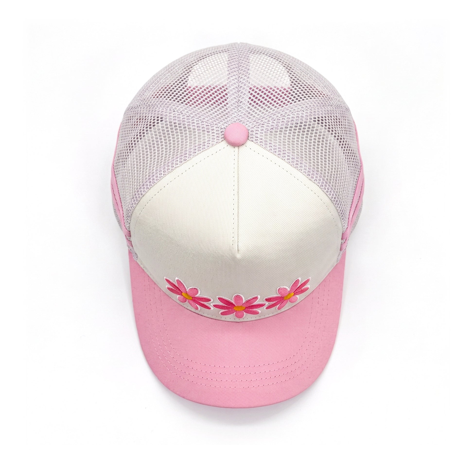 3 Daisy Pink 2 Stripe Trucker top down overhead view