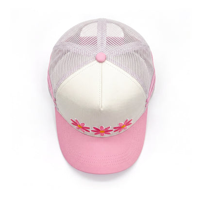 3 Daisy Pink 2 Stripe Trucker top down overhead view