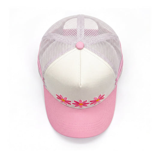 3 Daisy Pink 2 Stripe Trucker top down overhead view