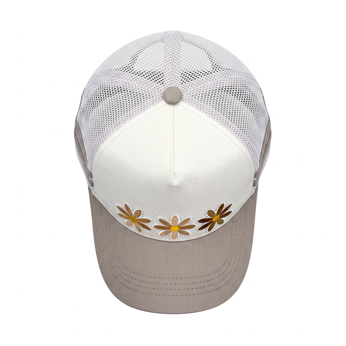3 Daisy Neutral 2 Stripe Trucker top down overhead view