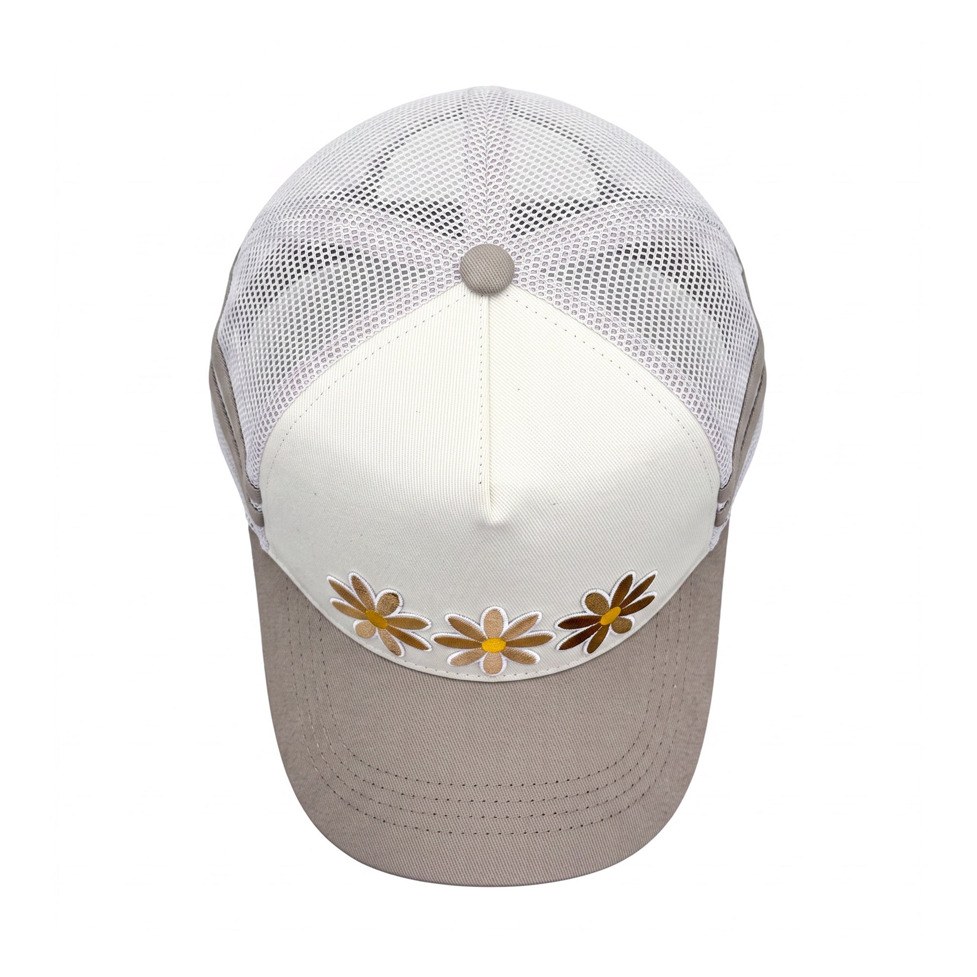 3 Daisy Neutral 2 Stripe Trucker top down overhead view