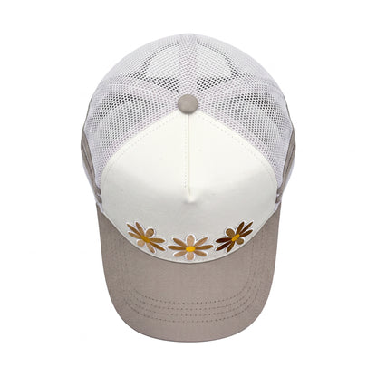 3 Daisy Neutral 2 Stripe Trucker top down overhead view