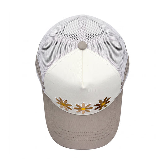 3 Daisy Neutral 2 Stripe Trucker top down overhead view