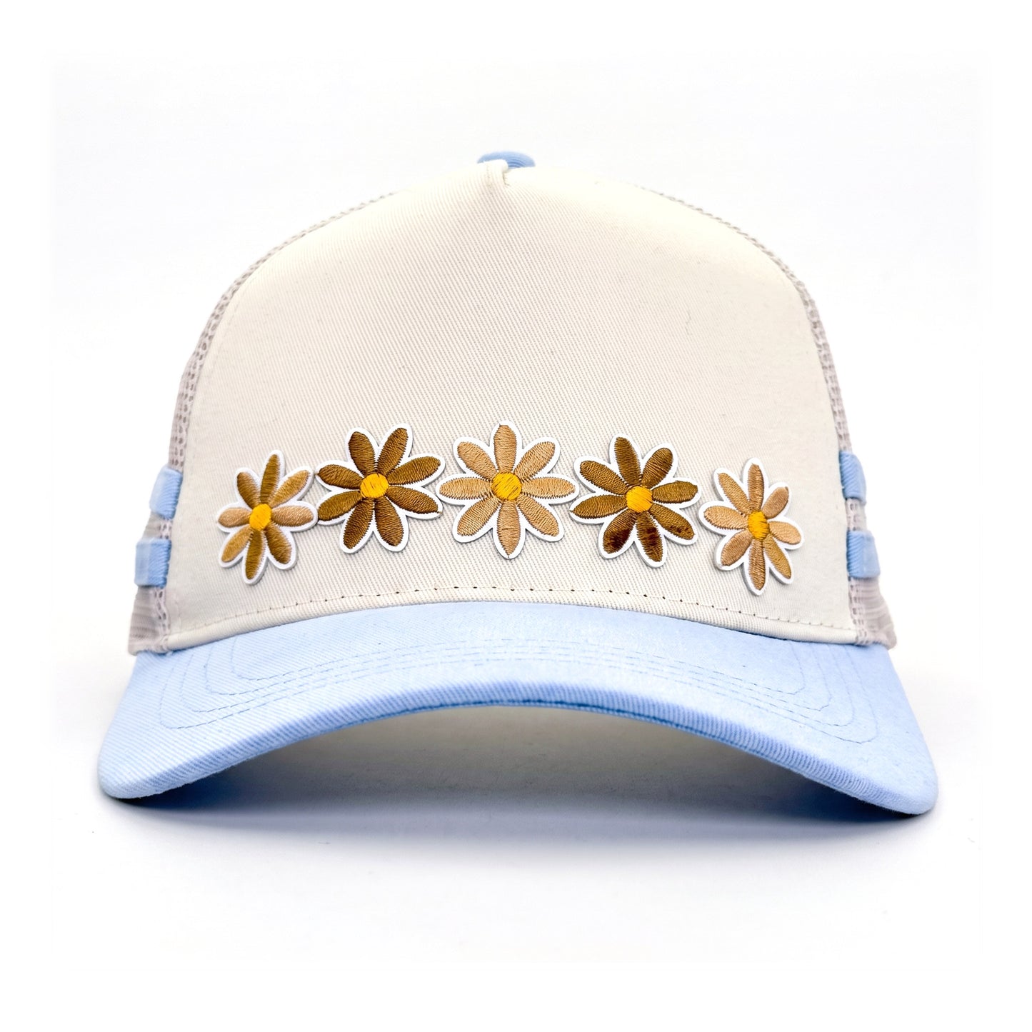 3 Daisy Blue 2 Stripe Trucker front view