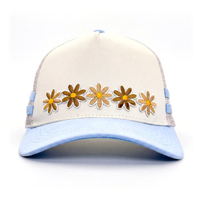 3 Daisy Blue 2 Stripe Trucker front view