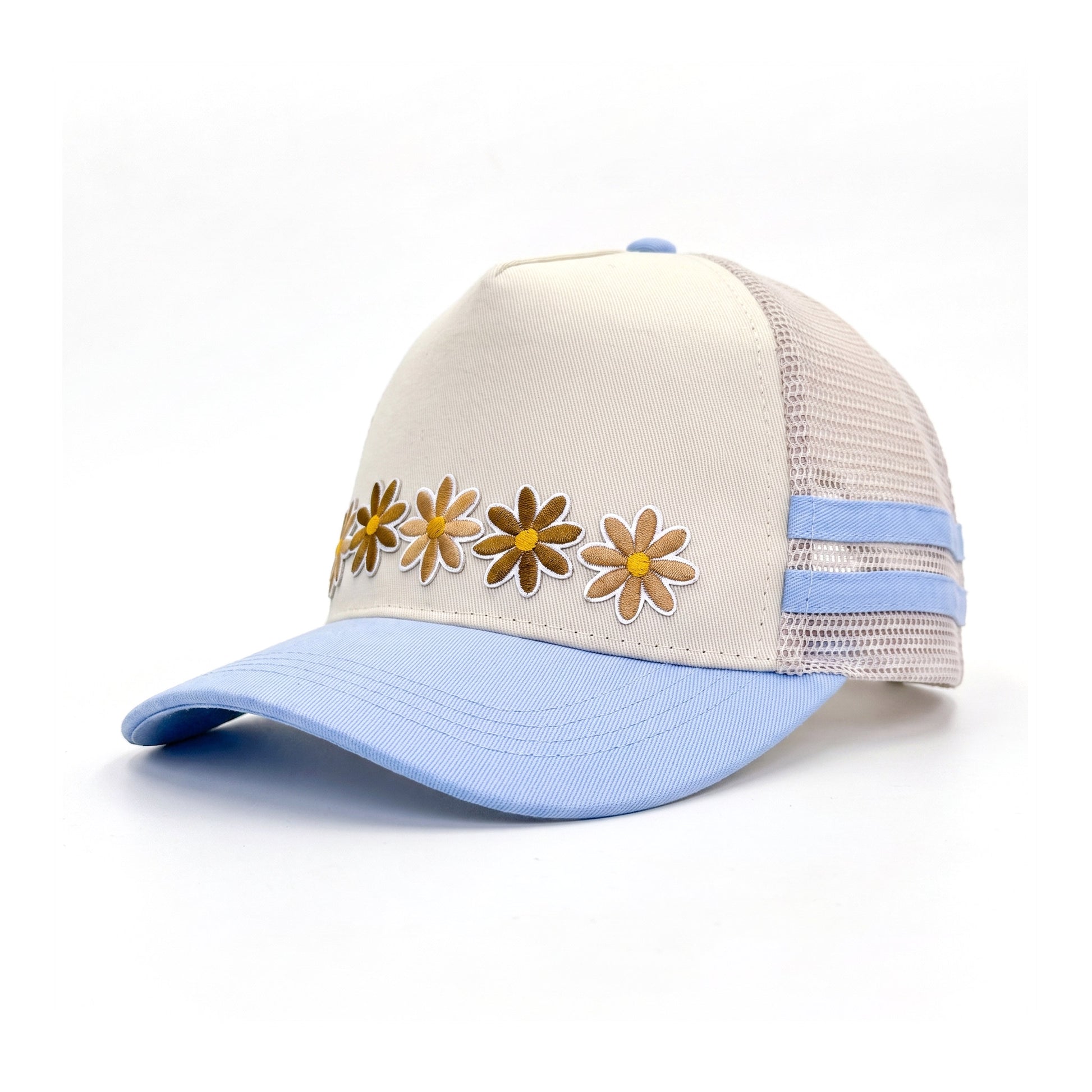 3 Daisy Blue 2 Stripe Trucker three-quarter front-left view