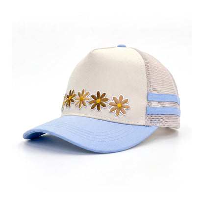 3 Daisy Blue 2 Stripe Trucker three-quarter front-left view
