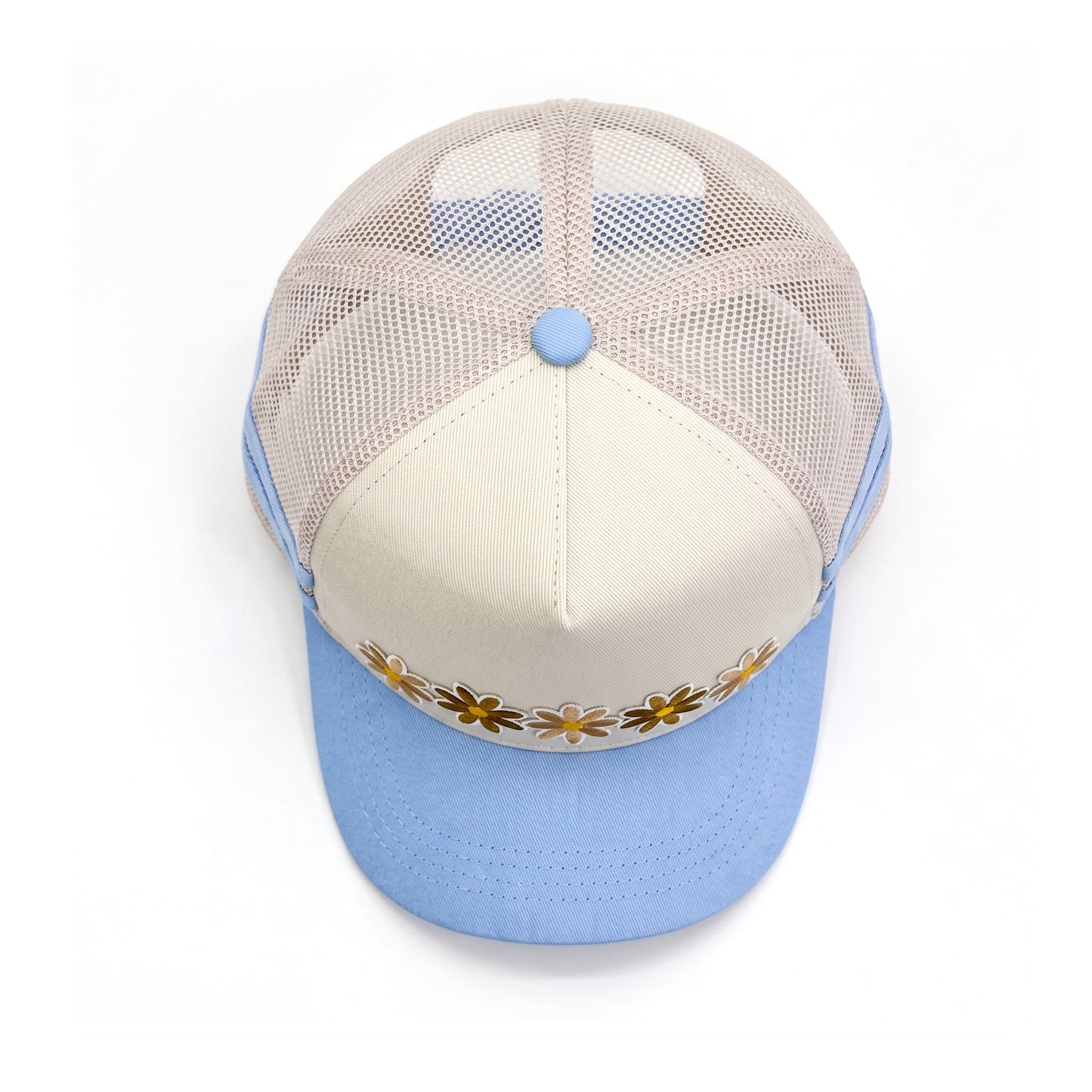 3 Daisy Blue 2 Stripe Trucker top down overhead view