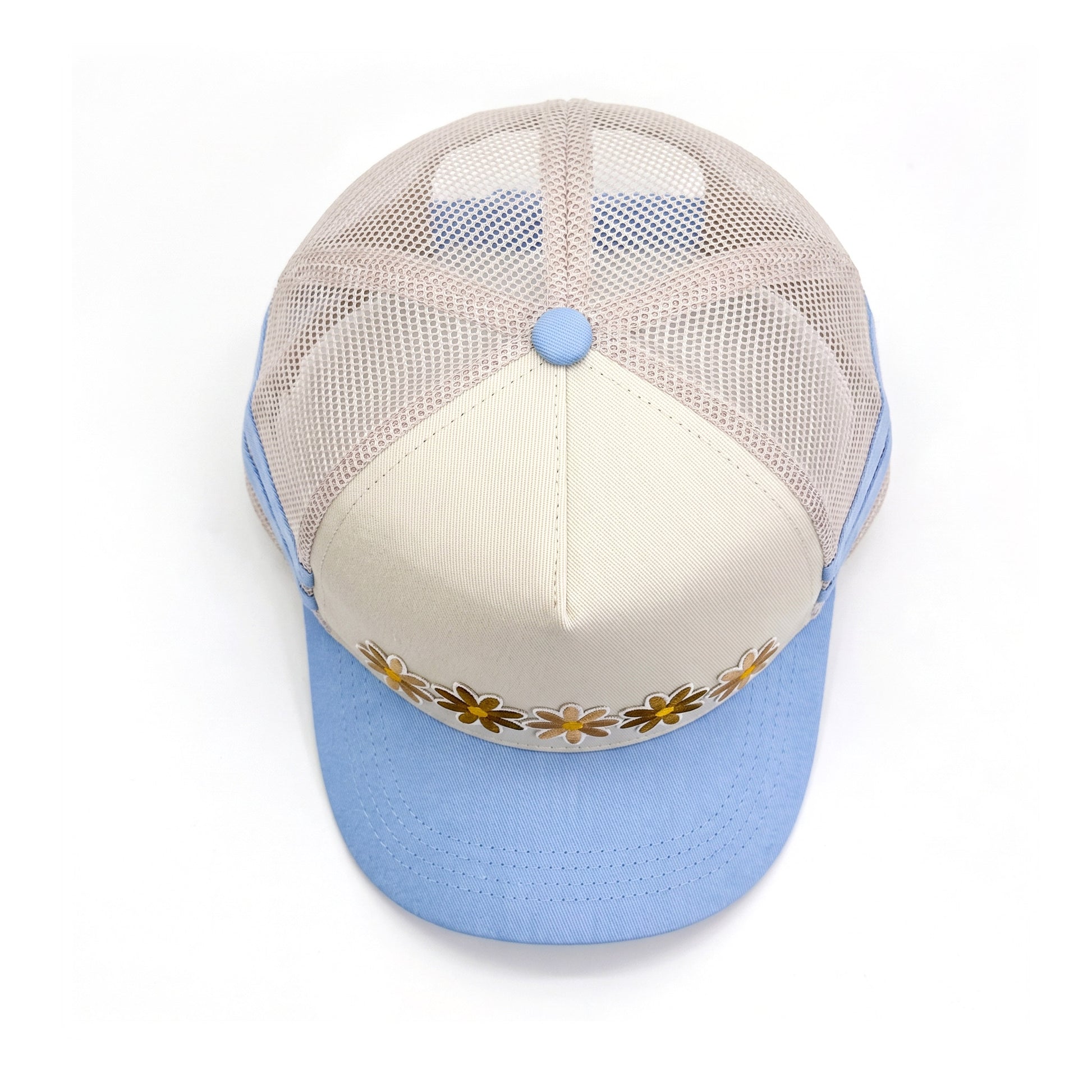 3 Daisy Blue 2 Stripe Trucker top down overhead view