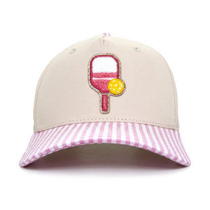 Pickleball Girlie Trucker Pink Gingham front view