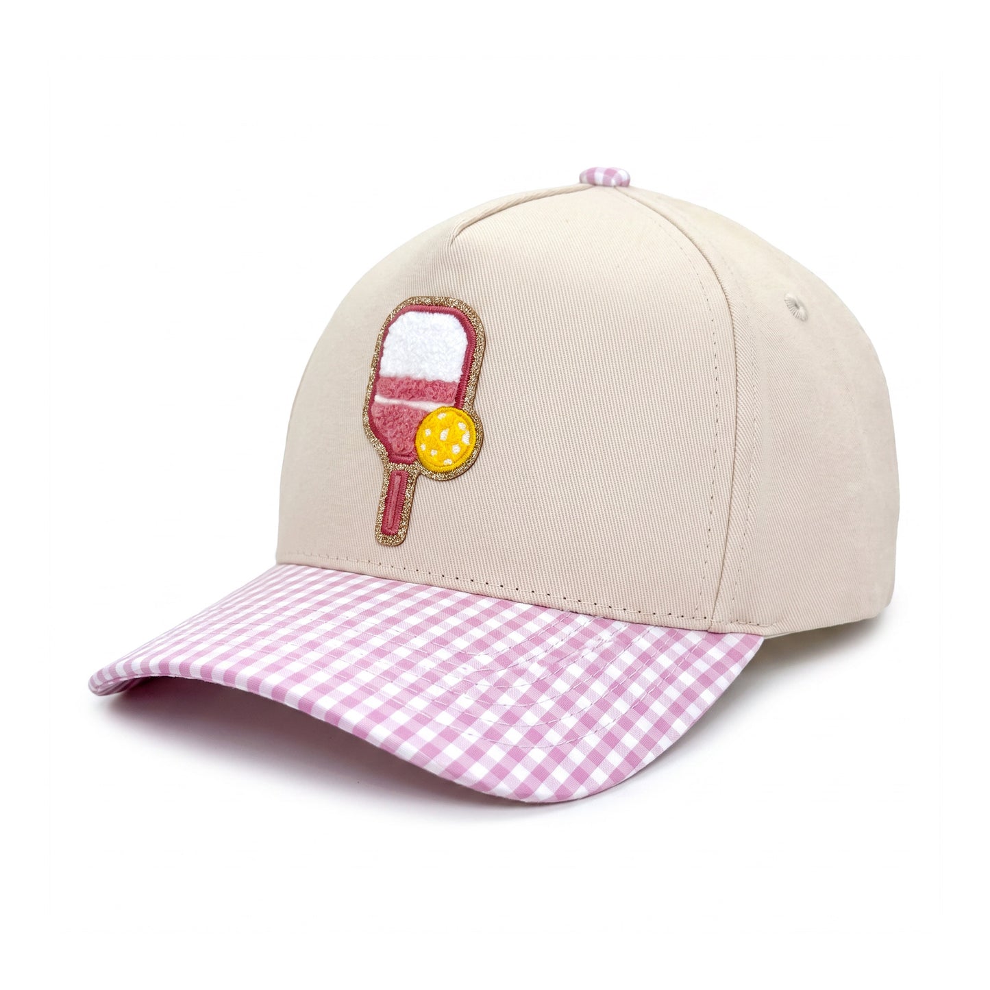 Pickleball Girlie Trucker Pink Gingham three-quarter front-left view