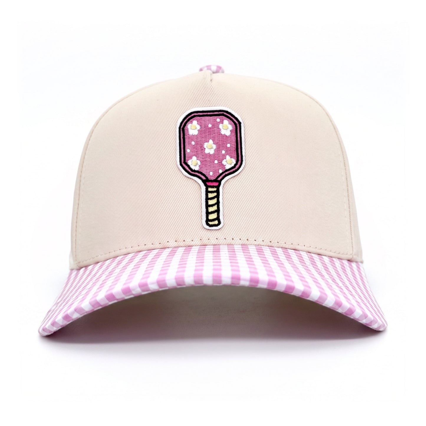 Pickleball Girlie Trucker Pink Gingham Floral Paddle front view