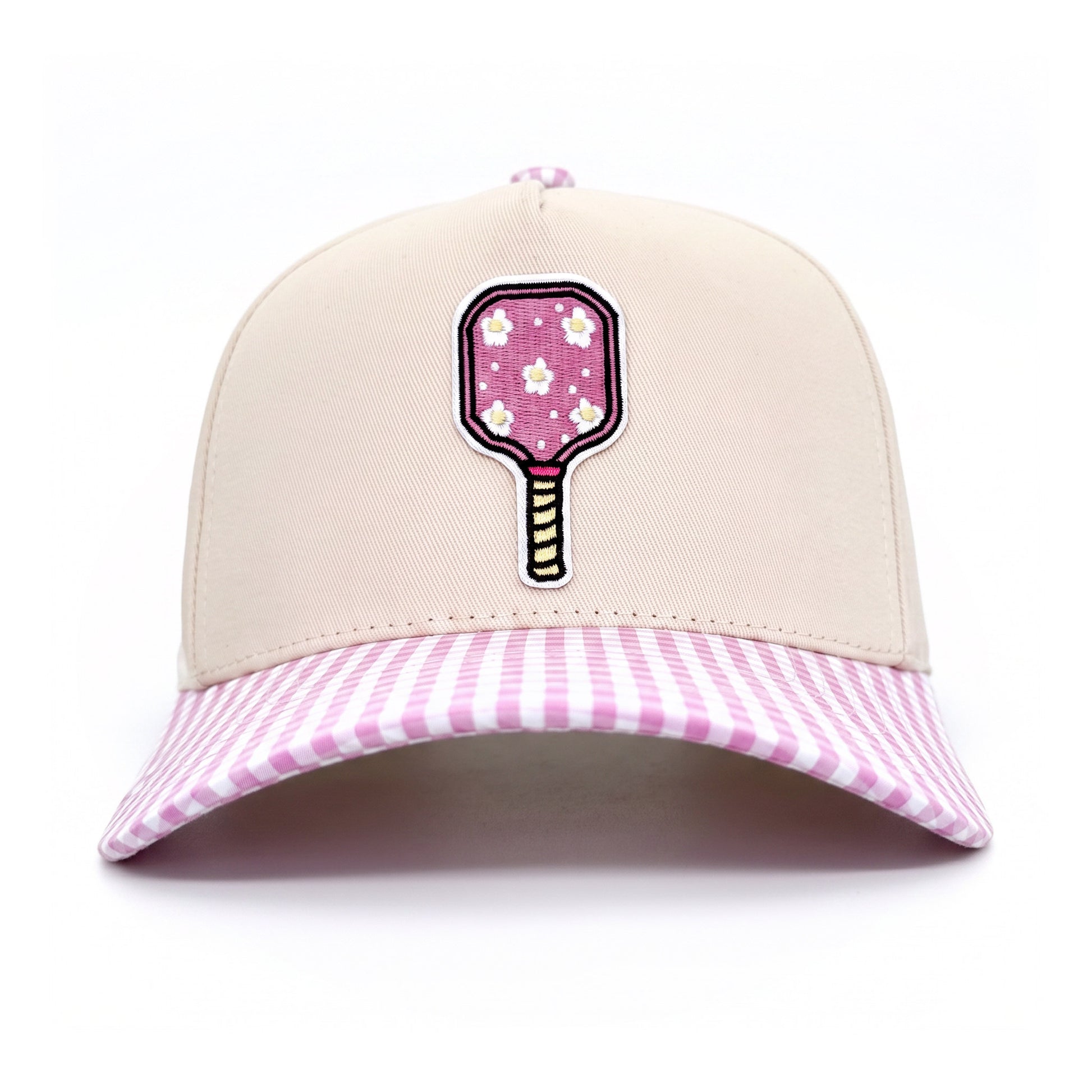 Pickleball Girlie Trucker Pink Gingham Floral Paddle front view