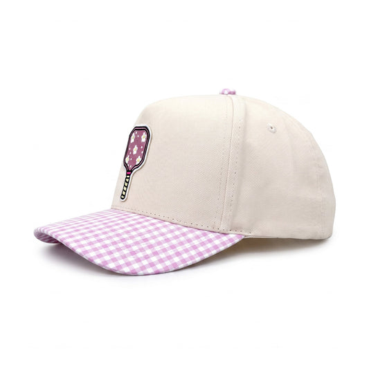 Pickleball Girlie Trucker Pink Gingham Floral Paddle three-quarter front-left view