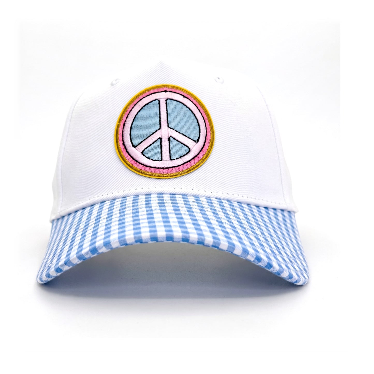 Peace Out White and Blue Gingham Trucker front view
