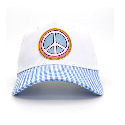 Peace Out White and Blue Gingham Trucker front view