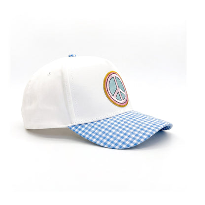 Peace Out White and Blue Gingham Trucker three-quarter front-left view