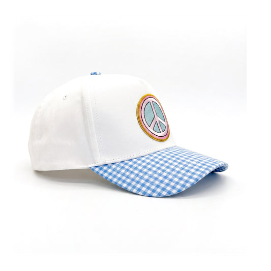 Peace Out White and Blue Gingham Trucker three-quarter front-left view