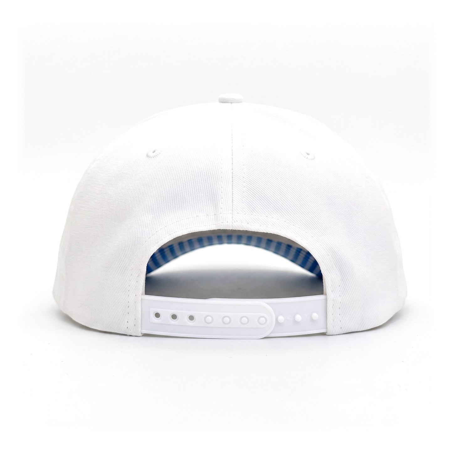 Peace Out White and Blue Gingham Trucker back view showing closure