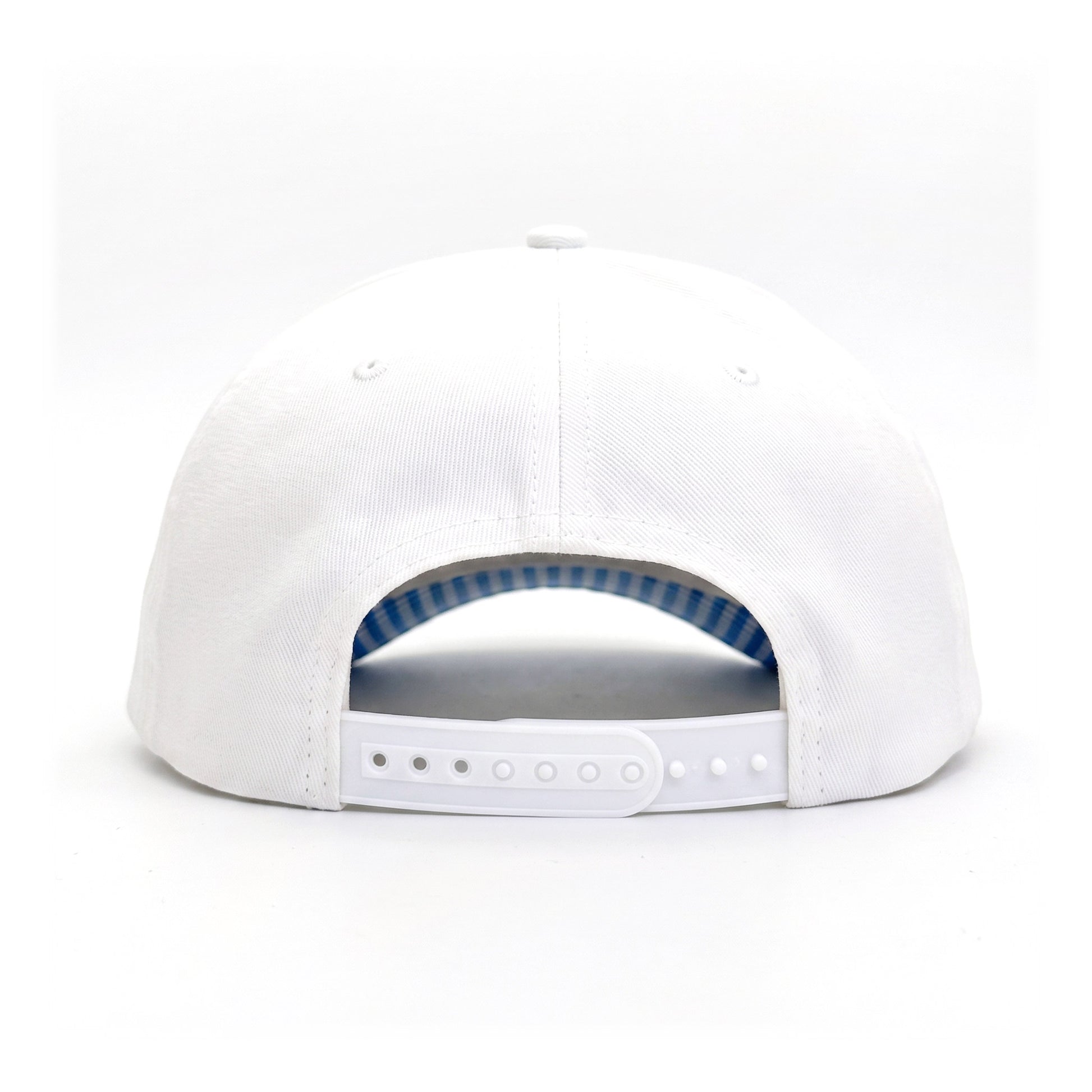 Peace Out White and Blue Gingham Trucker back view showing closure