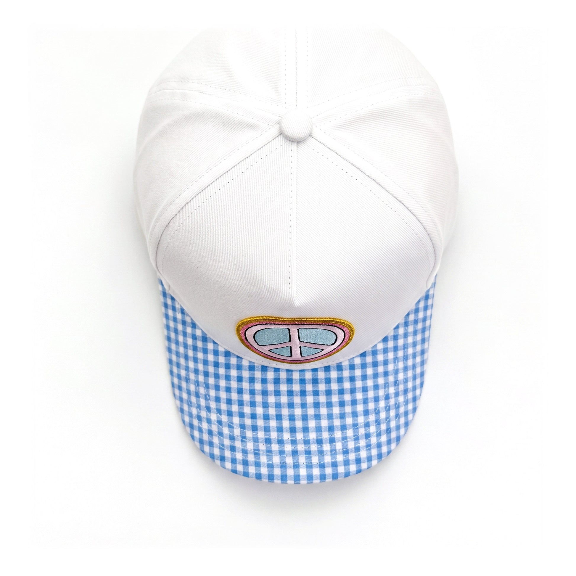 Peace Out White and Blue Gingham Trucker top down overhead view