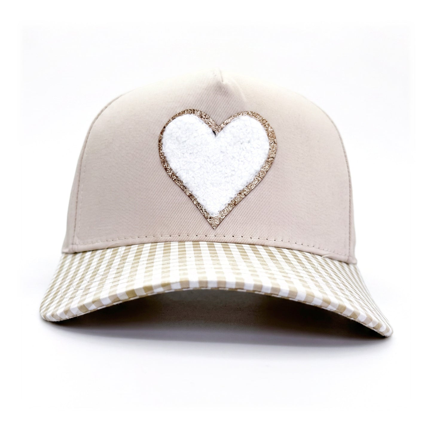 Sweetheart Trucker Neutral Gingham White Heart front view
