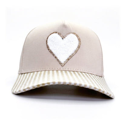 Sweetheart Trucker Neutral Gingham White Heart front view