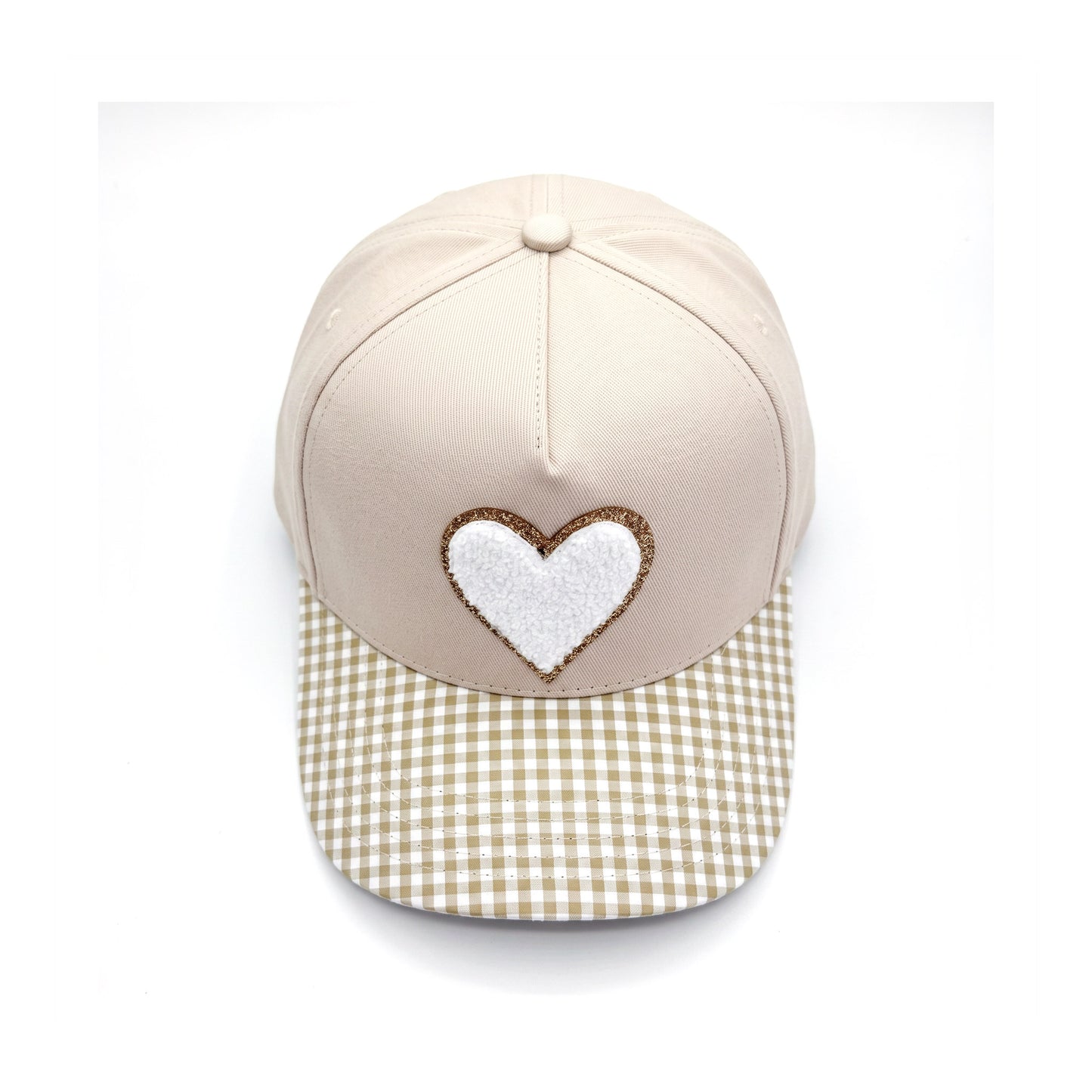 Sweetheart Trucker Neutral Gingham White Heart top down overhead view