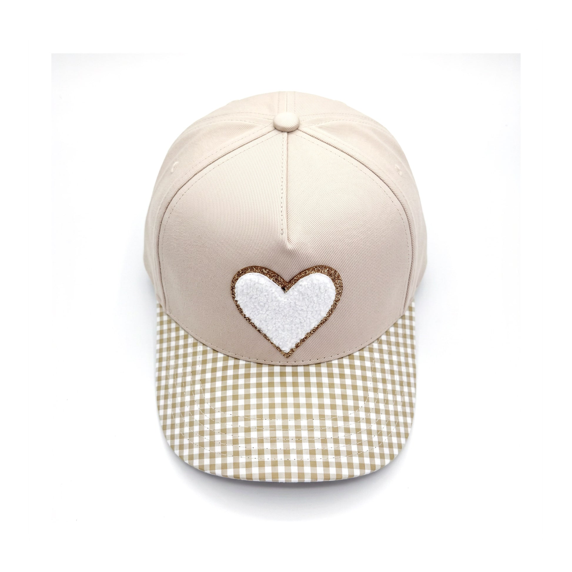 Sweetheart Trucker Neutral Gingham White Heart top down overhead view