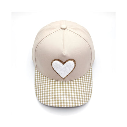 Sweetheart Trucker Neutral Gingham White Heart top down overhead view