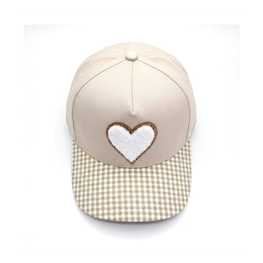Sweetheart Trucker Neutral Gingham White Heart top down overhead view