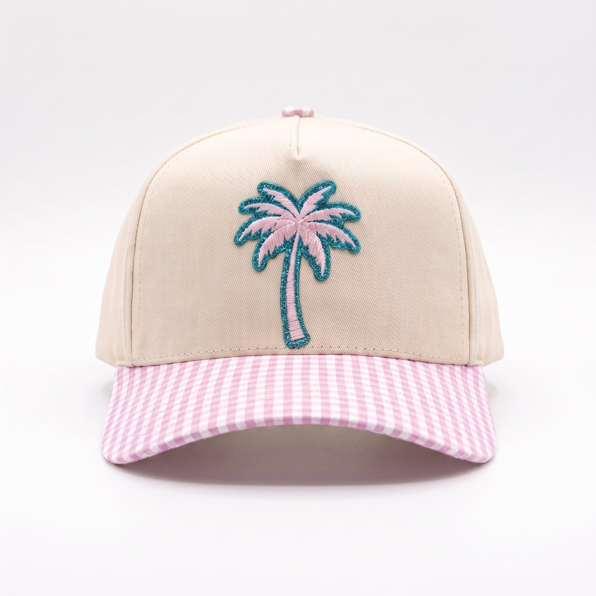 Palm Tree Trucker Pink Gingham, front view