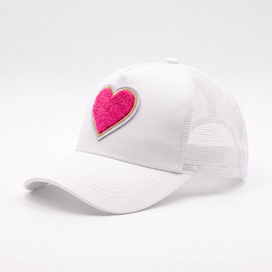 Sweetheart Ponytail Trucker White Hot Pink, three-quarter view