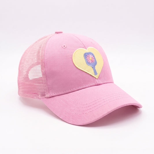 Pickleball Ponytail Trucker Pink Daisy Paddle, three-quarter view