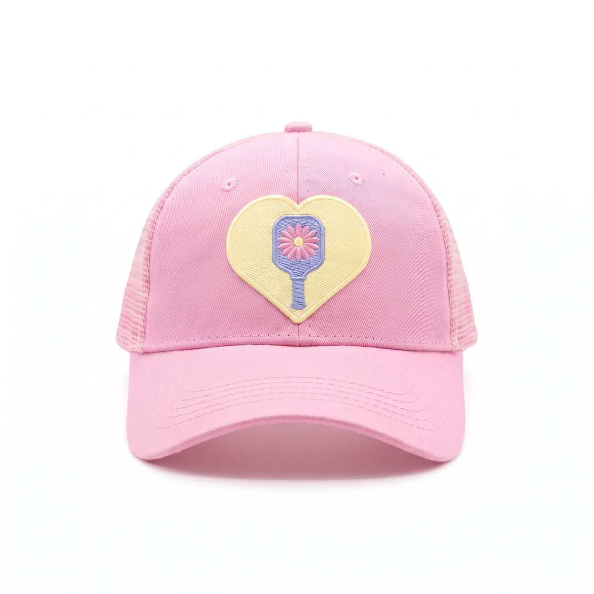 Pickleball Ponytail Trucker Pink Daisy Paddle, front view