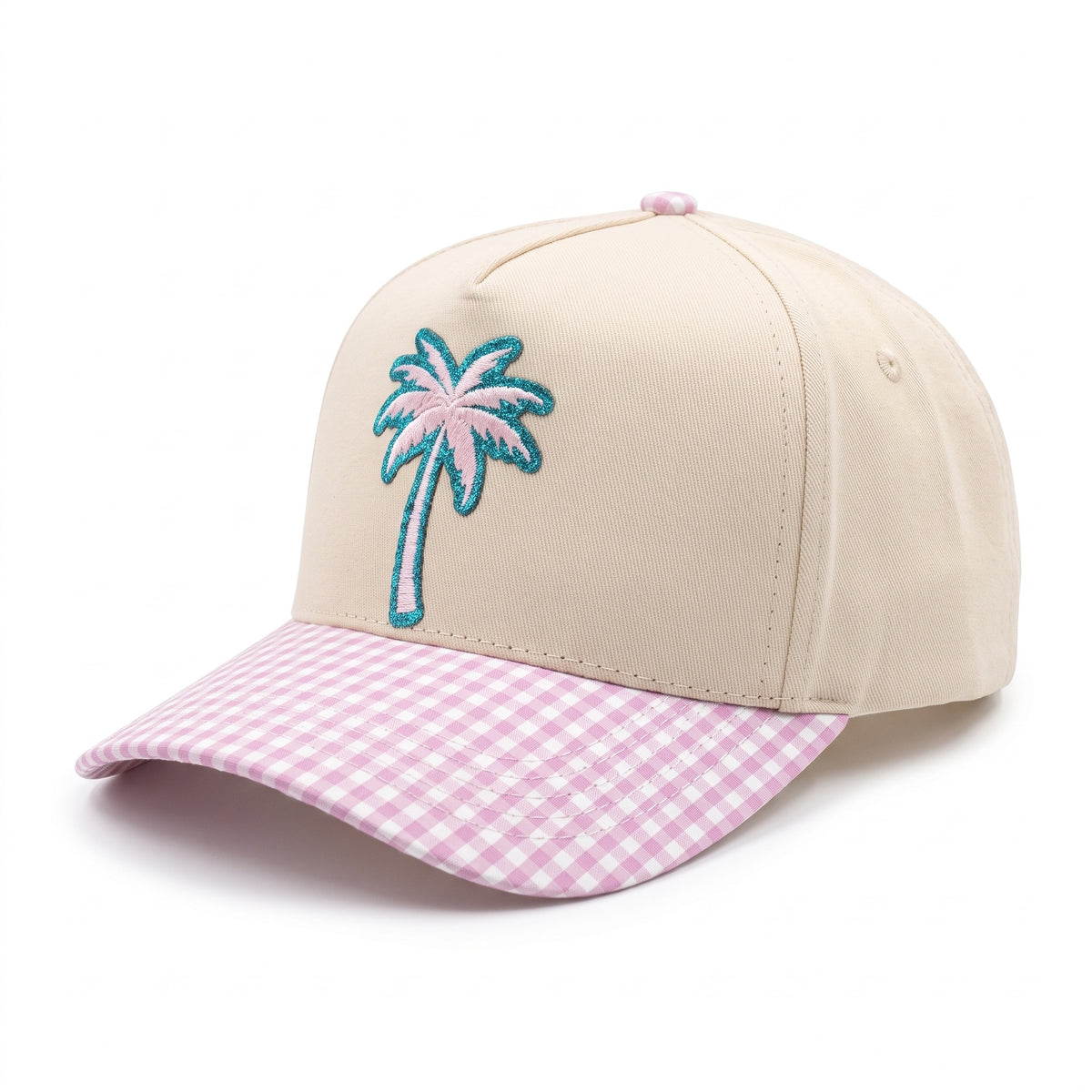 Palm Tree Trucker Pink Gingham, three-quarter view
