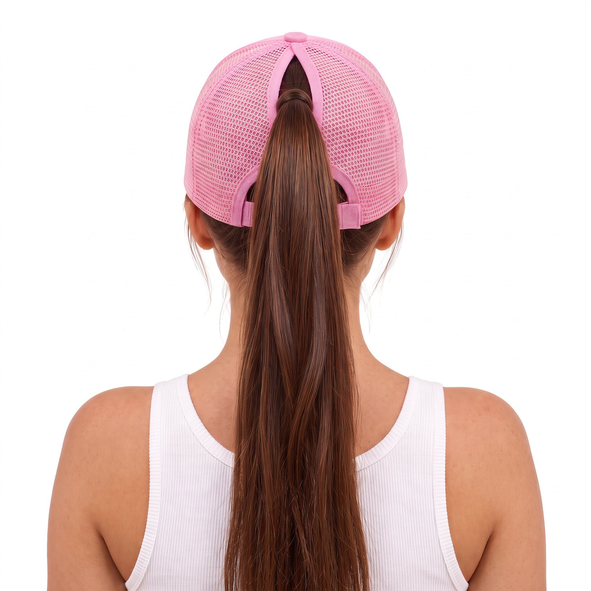 Pickleball Ponytail Trucker Pink Daisy Paddle, worn with ponytail, back view