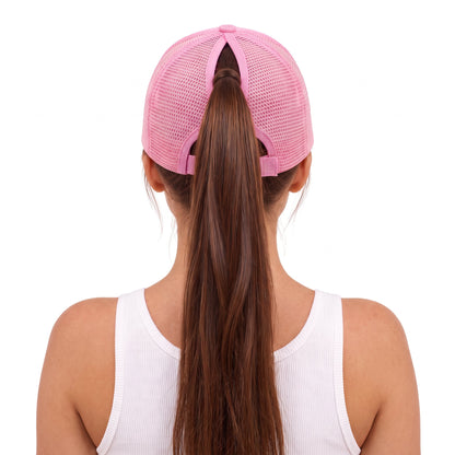 Pickleball Ponytail Trucker Pink Daisy Paddle, worn with ponytail, back view