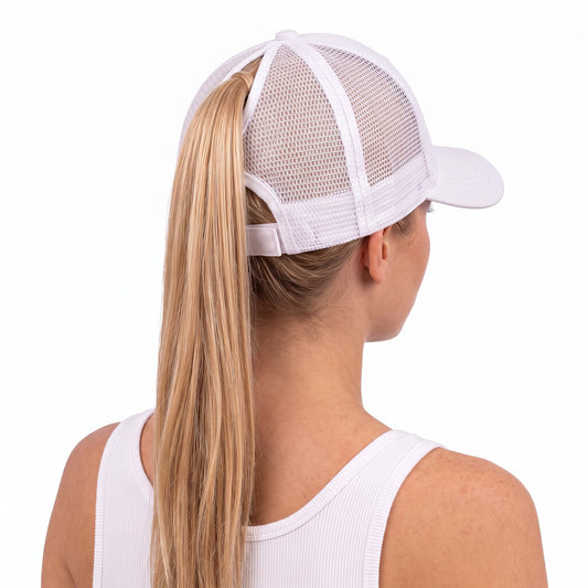 Sweetheart Ponytail Trucker White Hot Pink, worn with ponytail, rear three-quarter view