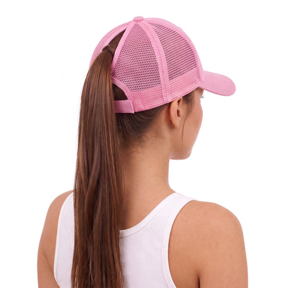 Pickleball Ponytail Trucker Pink Daisy Paddle, worn with ponytail, rear three-quarter view